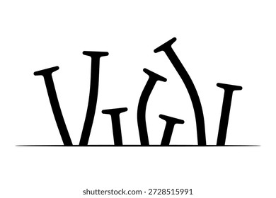 Various crooked hammered nails. Black silhouette. Front and side view. Vector simple flat graphic illustration. Isolated object on a white background.