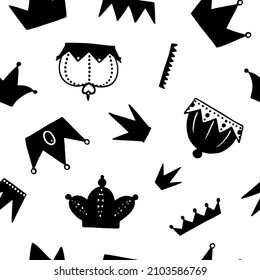 Various crown designs for princesses and queens in one print. Black and white pattern. Children's print for gift wrapping paper