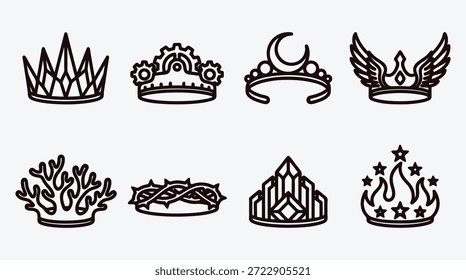 Diversos iconos de la corona en diversos estilos y diseños para la Regalías y la decoración del arte de línea simple