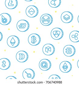 Various cryptocurrency symbols seamless pattern outline drawing 