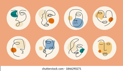 Various cubism faces, organic shapes. Abstract social media highlight stories. Set of contemporary one line portraits. Hand drawn vector illustration pastel colors