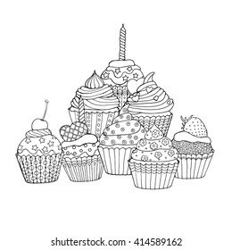 Lot of  various cup cakes, decorated cupcakes with hearts stars and birthday candle, page for adult colouring book