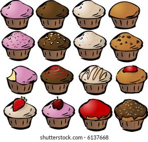 Various cupcake cons lineart sketch; mix and match colors and toppings to make your own cupcakes