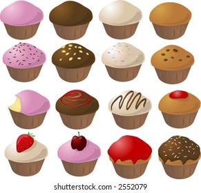 Various cupcake cons; mix and match colors and toppings to make your own cupcakes. Vector illustration