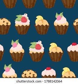 Verschiedene Cupcake und Muffin Vektor nahtlose Muster in flachen Cartoons Stil. Herzlichen Glückwunsch zum Geburtstag, Cupcakes mit Obst und Beeren Hintergrund. Feiner bunter Nachtisch auf dunkelblauem Hintergrund. 