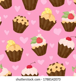 Verschiedene Cupcake und Muffin Vektor nahtlose Muster in flachen Cartoons Stil. Herzlichen Glückwunsch zum Geburtstag, Cupcakes Hintergrund mit Früchten und Beeren. Farbiges Dessert auf rosafarbenem Hintergrund mit Herzen.