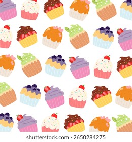 Vários cupcake padrão sem costura. Ilustração bonita e doce do deserto. Pode ser usado para impressão, papel de parede, papel de embrulho e tecido de moda