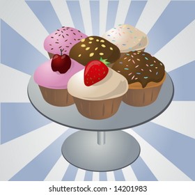 Various cupcakes arranged on a plate, illustration