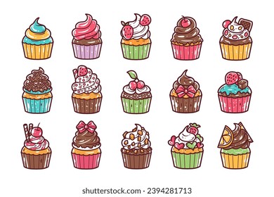 Various cupcakes vector hand-drawn illustration set
