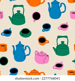 Various cups, mugs and teapots with fresh hot tea. Hand drawn colorful Vector illustration. Natural tasty drink, tea party, ceremony, hot healthy beverage concept. Square seamless Pattern