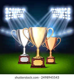 Various cups on the background of a football field. Vector illustration