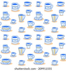 Various cups and saucers. Vector seamless pattern.