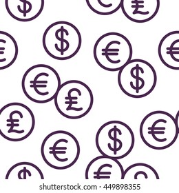 Various currencies coins seamless pattern. Dark blue linear vector background. Euro, United States dollar, Pound Sterling
