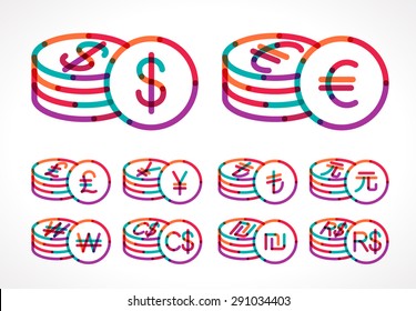 Various currencies coins. Stacks of coins. Euro, dollar, pound, yen, yuan, real, lira, won, sheqel. Transparent colorful line vector illustration