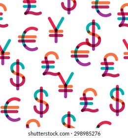 Diversas monedas muestran un patrón sin fisuras. Fondo de Vector de línea colorido transparente. Euro, Dólar de los Estados Unidos, Libra esterlina