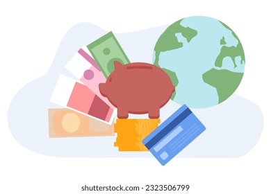 Diversas monedas de la ilustración mundial del vector. Billetes de diferentes países, globos mundiales y bancos de cerco de pie en monedas y tarjetas de crédito. Dinero, finanzas, banca, concepto de negocio