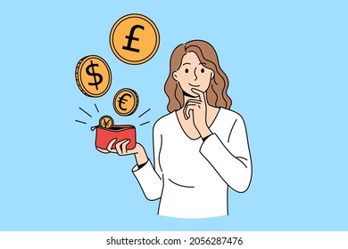 Various Currency And Money Concept. Young Smiling Woman Cartoon Character Standing Holding Red Purse With Flying Different Coins Vector Illustration 