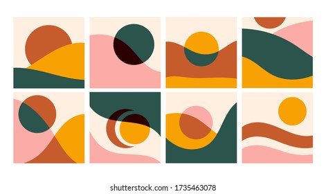 Various curves and shapes, circles. Colorful abstract patterns. Backgrounds, wallpapers, templates. Hand drawn Vector set. Trendy illustration. Every pattern is isolated. Perfect for prints