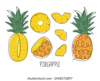 Various cut pineapple isolated on white. Doodle continuous line drawn illustration. Collection of ananas whole, half, slices. Abstract exotic tropical fruit. Ingredient for cocktail, dessert