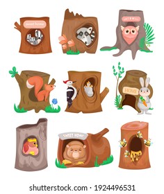 Various cute animals in hollows flat set. Cartoon birds, bees, owl, rabbit and squirrel in trunk hole isolated on white background vector illustration collection. Wildlife and nature concept