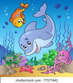 Various cute animals at sea bottom - vector illustration.