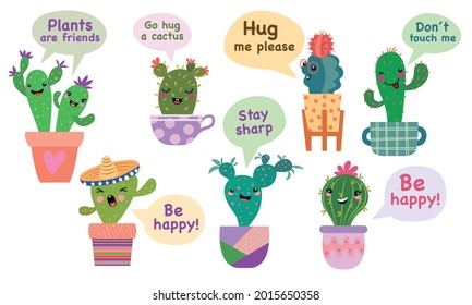 various cute cacti in pots. funny inscriptions in bubbles