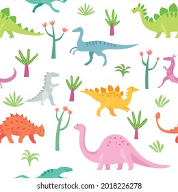 Various cute cartoon dinosaurs and vegetation seamless pattern