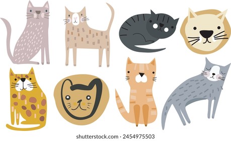 Various cute cats. Hand drawn vector set. Flat illustration. All elements are isolated