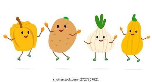 Varias mascotas de personajes lindos incluyen verduras, pimientos, papas, cebollas y calabazas. Vector de personajes mascotas de pimientos, patatas, cebollas y calabazas con expresiones faciales y gestos.