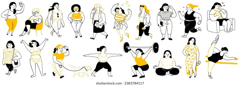 Various cute character of plus-size or overweight women, in concept of happy, joyful, confident, healthy, exercise, relax and hobby. Outline, thin line art, hand drawn sketch. 