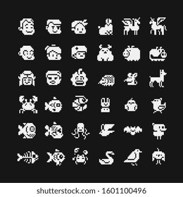 Various Cute Characters, Pixel art icons set, design for logo, web, sticker, mobile app, isolated black and white vector illustration. Game assets 1-bit sprite.