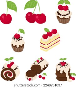 Various cute cherry sweets icons such as cupcake and mille-feuill and roll cake and pound cake and pancake
