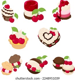 Various cute cherry sweets icons such as cupcake and no-bake cheesecake and bavarois and tart and heart cake and cream puff and maritozzo and macaron