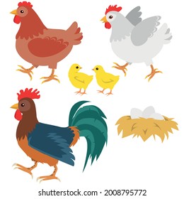 Various cute chickens flat icon set. Аarm and poultry concept.