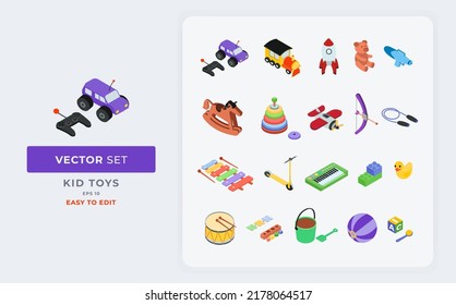 various cute children's toys for little boys and girls isometric vector isolated set
