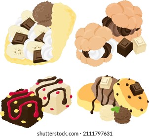 Various cute chocolate sweets icons such as crepe and cream puff and brownies and pancakes