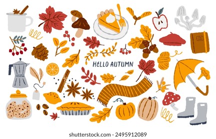 Various cute and cosy autumnal elements. Hand drawn vector illustration. All elements are isolated.