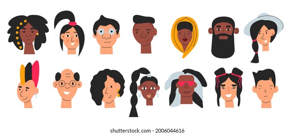 Various cute diverse people avatar set isolated. User profile collection with male and female faces. Social network, job, web forum, student picture icons. Vector modern simple flat head illustration