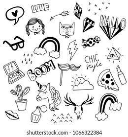 Various cute doodles isolated on white background