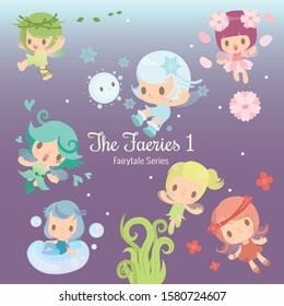 various cute fairy characters plays in the woods