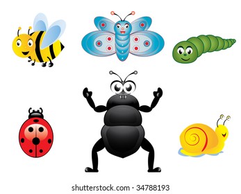 Various cute happy insects collection vector illustration.