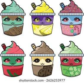 various cute ice creams with various fruit flavors