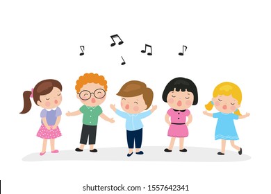 Various cute kids sing a song. Cartoon Children's music group. Preschooler artists isolated on white background. Flat vector illustration