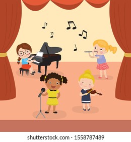 Various cute kids sing a song and playing musical instruments. Cartoon Children's music group. Preschooler kids characters. Children artists perform on stage. Flat vector illustration