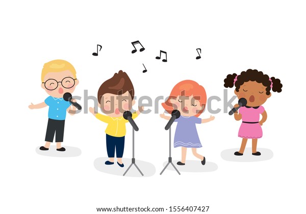 可愛い子どもたちが歌を歌う Cartoon Children S Music Group 白い背景にプレスチョーラーアーティスト 平らなベクター画像 イラスト のベクター画像素材 ロイヤリティフリー