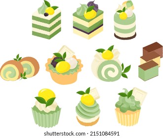 Various cute Matcha sweets icons such as cake and bavarois and roll cake and tart and castella and cupcake and mont blanc