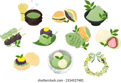 Diversos adorables dulces Matcha iconos como té y Dorayaki y Yokan y Taiyaki e Ichigo Daifuku y Monaka y Shiratama y corona