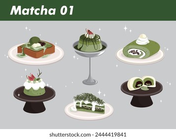 Verschiedene süße Matcha Süßigkeiten Ikonen wie French Toast, Pudding, Swiss Roll, Daifuku, Biskuitkuchen und Chiffonkuchen. Matcha Dessert Vektorillustration.