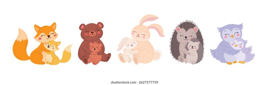 Vários animais bonitos de mãe e bebê. Conjunto de famílias de animais. Ilustração de vetor plano de mães e seus filhos