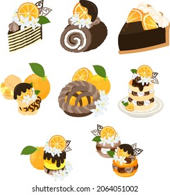 Various cute orange sweets icons such as chocolate cake and roll cake and chocolate tart and cream puff and pie and pancake and pudding and macaroon.